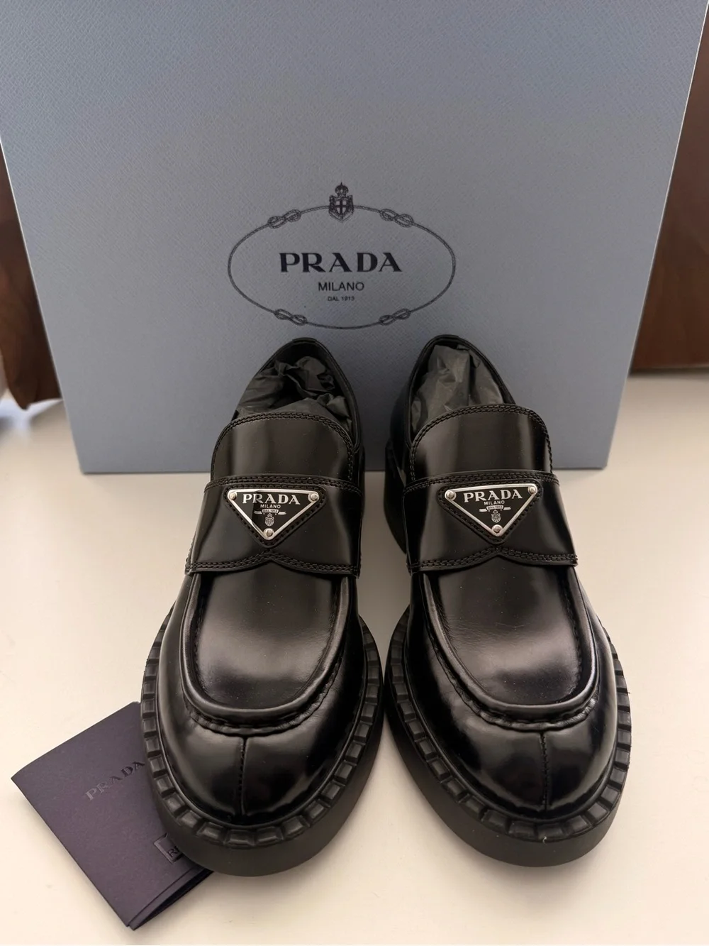 Prada Black Patent Leather Logo Penny Loafers